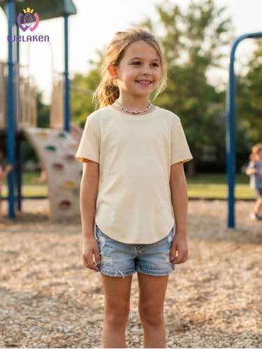 Image of WELAKEN Girls Soft T-Shirt with Curved Hem, Breathable Stretchy Rayon Crewneck Short Sleeve Tees, Kids Everyday Basic Top