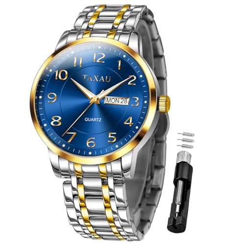 Men’s Dress Watches Waterproof Analog Watch with Day Date Stainless Steel Wrist Watch Luxury Large Arabic Numerals Classic Luminous Hands Easy Read, Hidden Butterfly Clasp Silver Watch Relojes para Hombres