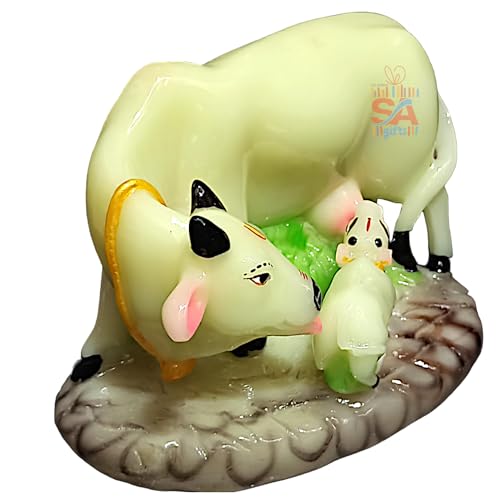 Image of Sai Amrut Handicraft Decorative Polystone Cow and Calf Big Statue /Idol for Gift Home Decor 6 inch (Madhle Radium Glow in Night)