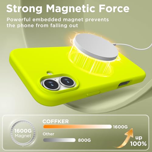 Image of Magnetic for iPhone 16 Case, Compatible with MagSafe, Liquid Silicone Phone Cover with Screen Protector & Camera Protector, Soft Anti-Scratch Microfiber Lining Inside 6.1 inch, Neon Yellow