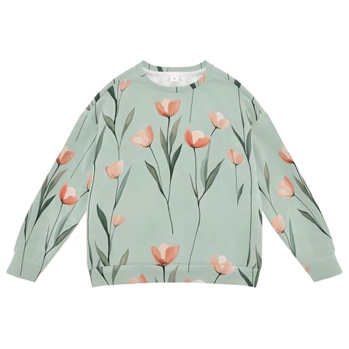 JUNZAN Sweet Tulips Sage Green Kids Girls Sweatshirts Hoodies Crewneck Boys Sweat Shirt Sports 4T