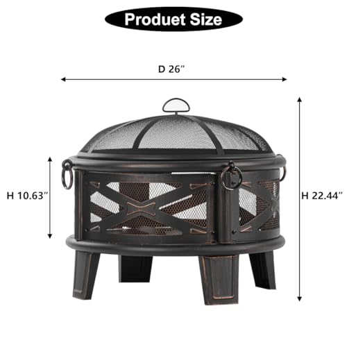 MistMo 26\" Fire Pit with Cooking Grill, Outdoor Wood Burning Firepit with Spark Screen, Metal Round Design for Patio, Bonfire Party