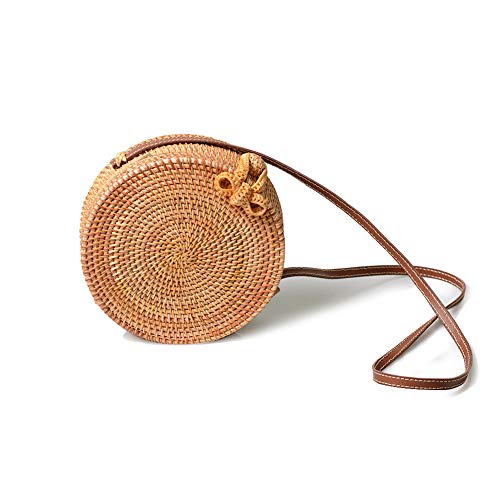 Women s Bali Rattan CrossbodyBags Handmade Straw Bags Bohemian Shoulder Bag (Round)