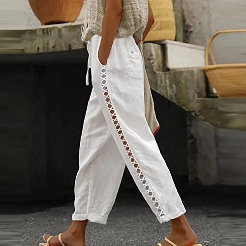 Women's Linen Capri Pants with Drawstring Petite Summer Casual Lace Hollow Out Straight Leg Elastic Waist Pants2