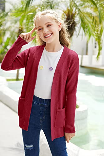 Image of Goranbon Girls' Cardigan Sweaters Open Front Long Sleeve Casual Sweater Coats with Pockets Red