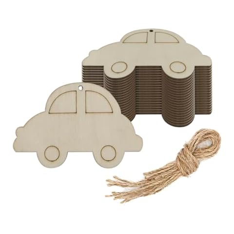 Creaides 20pcs Car Wood Cutouts Crafts Wooden Car Shaped Hanging Ornaments with Jute Twines Wood Tags for DIY Projects Wedding Birthday Christmas Party Decorations Cover