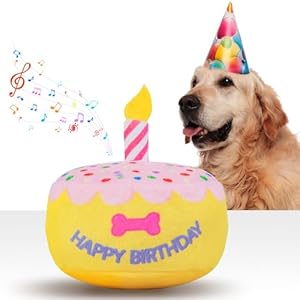 Juguete de pastel de cumpleaños para perros de 5.9 pulgadas, regalo de peluche para perro con caja de música electrónica, reproduce canción de feliz cumpleaños y melodía de corteza de