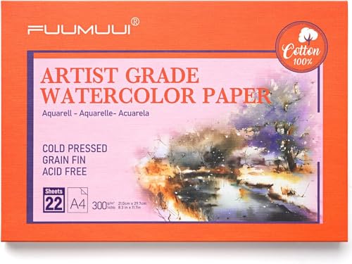 Papel Acuarela A4-100% algodón, 22 hojas de 300 g/m², Sin ácidos, Prensado en frío, Bloc de 4 Caras encolad, Bloc Acuarela | Papel de Acuarela para Acuarela y Dibujo, Watercolor Paper