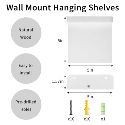 Image of Fixwal Small Floating Shelves for Wall Decor (5Inch, Wood, White, Set of 4) | Rustic wood shelf for displaying mini frames, plants, collectibles. Fits bedroom, living room, bathroom, kitchen, or office.