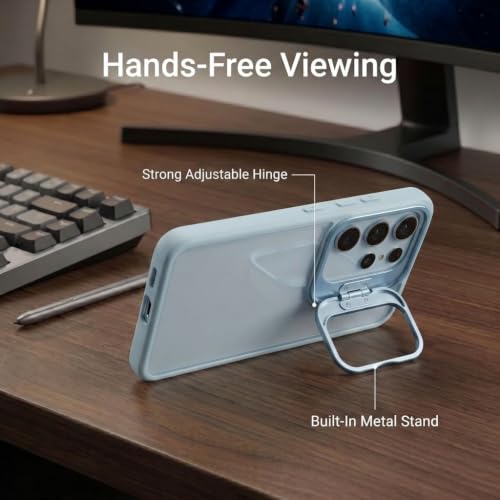 Image of amazon basics Frosted Matte Case for Samsung Galaxy S23 Ultra 5G | Built-in Flip-Out Camera Lens Stand | Translucent Back with Contrast Blue Bumper | Foldable Kickstand