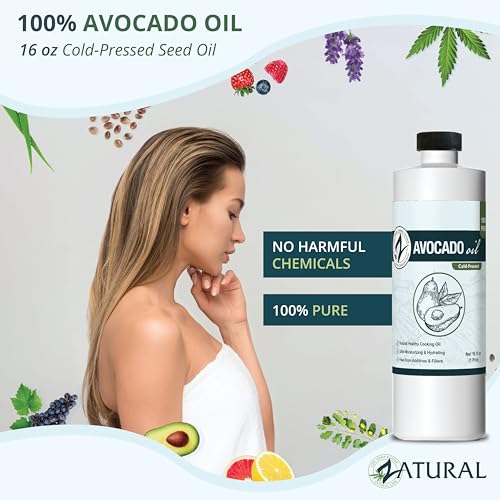 Image of Zatural 100% Pure Cold Pressed Avocado Oil - Non-GMO Refined, High Smoke Point 500F+, Perfect for Cooking Frying Baking Grilling, Dressings Sauces Marinades & Skincare Hair (16 fl oz)