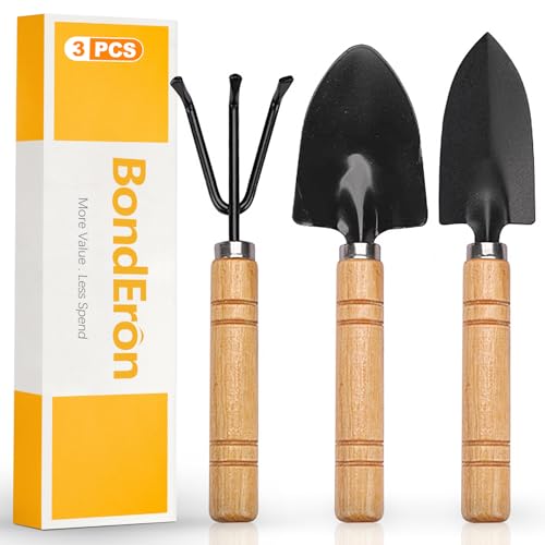 BondEron 3er Set Mini Gartenwerkzeug, Edelstahl Gartengeräte Set mit 2 Mini Schaufel & 1 Harke Klein, für Zimmerpflanzen Zubehör, Miniatur Garten, Balkon & Bonsai Pflege