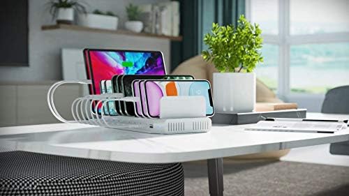 Alxum iPad Charging station, 96W 10 Port USB Charging Station for Tablet and More Multi Devices Organizer with Detachable Dividers, White