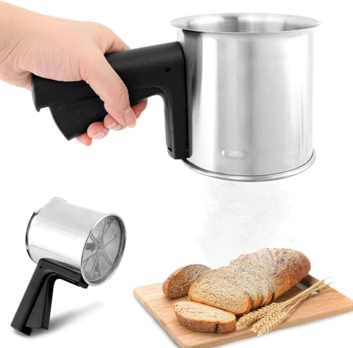 Image of Flour Sifter for Baking 3 Cup, Premium Stainless Steel Fine Mesh Sieve, Hand Press Squeeze Sifter with Comfortable Handle for Flour & Powdered Sugar, Ideal for Cake, Pastry, Bread & Dessert Baking
