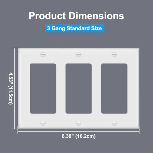 Image of 2 PK BESTTEN 3-Gang Decorator Wall Plate, GFCI Outlet & Dimmer Switch Cover | UL Listed, Standard Size, H4.53 inch x L6.38 inch, with 3 Decorator Openings, Unbreakable Polycarbonate, White