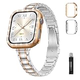 Cinturino sottile in metallo per Apple Watch da donna, 42 mm, sottile ed elegante, in acciaio inossidabile, cinturino da lavoro per iWatch con custodia protettiva serie 11/10, 04, argento/oro rosa