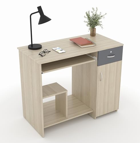 Image of 45x90x76CM Engineered Wood Study & Office Table with Drawer, Cabinet Storage & Keyboard Tray | Sturdy, Foldable DIY Multipurpose Table- Acacia Light with Grey