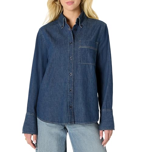 Amazon Essentials (Demi's Pick) Women's Oversized-Fit Denim Button-Down Shirt, Medium Blue Vintage, Large