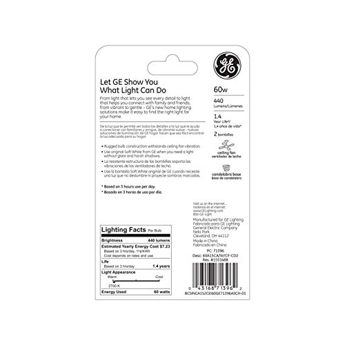 Ge Lighting A15 Ceiling Fan Decorative Light Bulb, Soft White Finish, 60-Watts, Candelabra Base, 2-Pack #TOP2