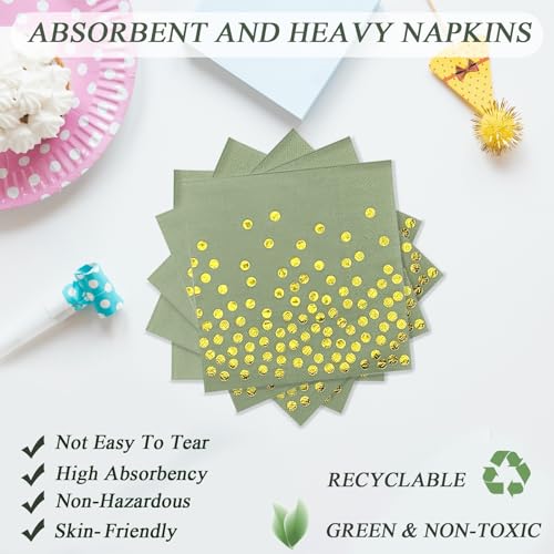 DTGDASCF Happy Birthday Paper Plates and Napkins - 7 Inch Sage Green Gold Dot Paper Plates and 6.5 Inch Napkins with 6.3 Inch Forks Disposable Tableware Set for Birthday Party Decorations - Image 6