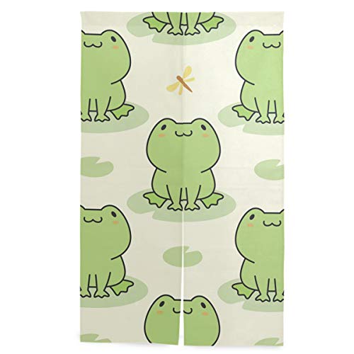Akiraki のれん 遮光 目隠し 暖簾 間仕切り 玄関 ロング 和風 カーテン カエル 蛙 グリーン 緑 可愛い かわいい おしゃれ かわいい キッチン 飲食店 リビング 出入り口 幅86cmx143cm 綿麻 洗える
