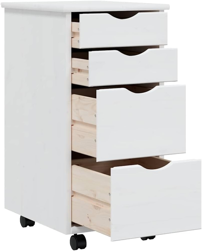 White Rolling Cabinet with Drawers Solid Pine Wood Engineered Wood Plastic 15.4 x 13.4 x 25.8 Inches Office Storage Cabinet Home Storage Locker for Organized Spaces