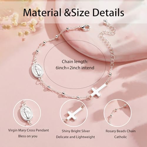 Catholic Virgin Mary Cross Bracelet Gifts for Girls Teens Women, Rosary Beads Charm Link Chain Bracelet Christmas Christian Religious Jewelry Gifts