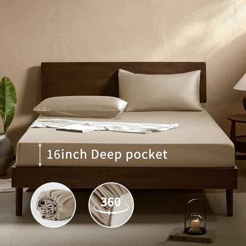 Image of EVERLY Queen Sheets Set,Luxuriously 400 Thread Count Organic Viscose Derived from Bamboo Bed Sheet,Cooling Sheets for Queen Size 4 Piece Deep Pockets Bedding Sheets &Pillowcases-Champagne