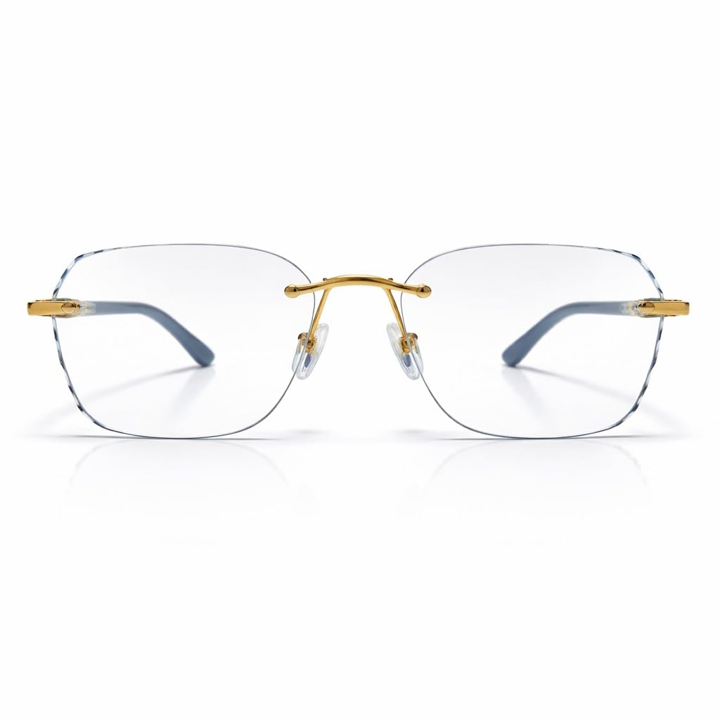 Princess Rimless Photochromic Lens Eyeglasses, Gold Frame with Blue Temples, Clear Lenses, Lightweight Rectangle Shape-image-41