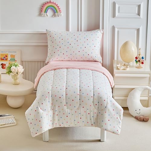 Image of Joyreap 4 Piece Toddler Bedding Set- Polka Dots Pink n White Design, Microfiber Toddler Bedding Comforter Set for Girls