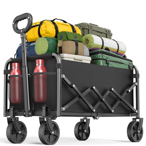Carro Camping Plegable 120L con Portavasos Mango Ajustable, 160KG Carrito Transporte Todoterreno con Ruedas Grandes y Tela Impermeable 600D para Jardín, Camping y Compras Pesca Carga