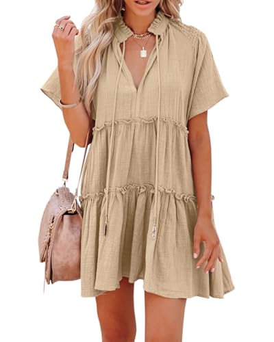 Image of Dellytop Womens Drawstring V Neck Dress Ruffle Tiered Short Sleeve Babydoll Tunic Swing Sundresses