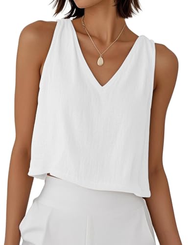 Mywinway Linen Crop Tank Tops for Women Spring Summer Sleeveless V Neck Cropped Casual Fashion Beach Tops Shirts