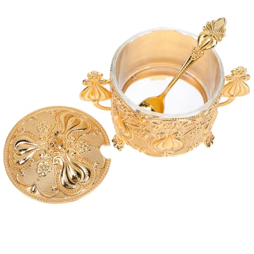 Didiseaon Azucarero Metálico Dorado Vintage con Tapa y Cuchara Tarro de Condimentos de Zinc para Azúcar Granulada Tarro Decorativo para Cocina y Comedor Almacenamiento Práctico y