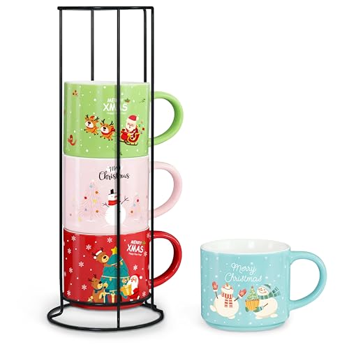 Image of Set of 4 Stackable Christmas Mugs, 15.8 Oz Coffee Mug With Stand, Holiday Hot Cocoa Mugs for Mom Family Colleagues Friend & Farmhouse Cocoa Tray Decor