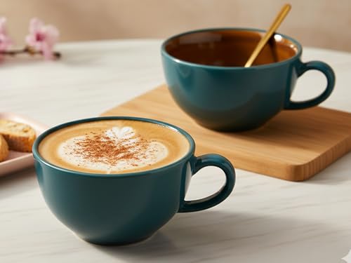 Image of Bodhi House Ceramic Soup and Coffee Wide Large Mug with Handle - Set of 2, 350 Ml Glossy Finish | Microwave Safe | for Maggi, Cappuccino, Latte, Green Tea - Cyan