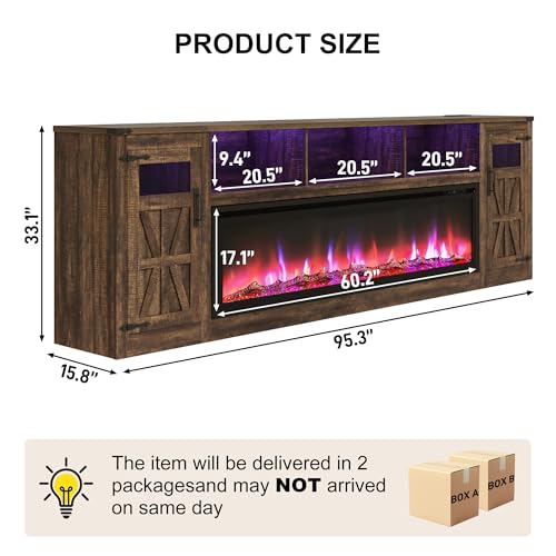 Image of Fireplace TV Stand for 100 Inch TV, 95 inch Farmhouse Entertainment Center with 60 inch Electric Fireplace & LED Lights, Large Media Console for Living Room, Rustic Barn Doors, Power Outlets, Rustic Brown