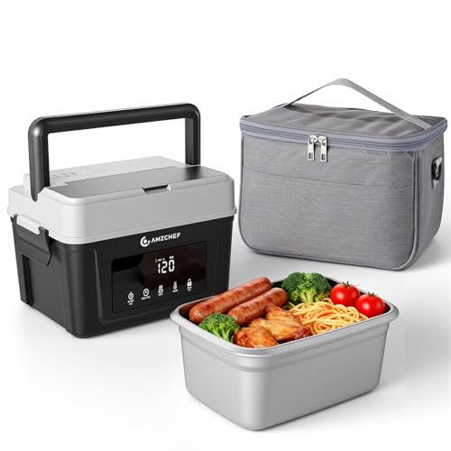 AMZCHEF Cordless Electric Lunch Box, 18000mAh Rechargeable Battery Self Heating Lunch Box, 1.5L Large Portable Food Warmer with Timer & Insulated Bag for Work, Car, Lorry, Camping