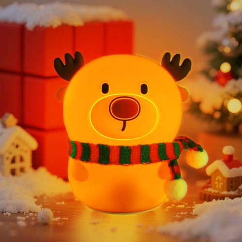 Colorful Life Silicone Reindeer Night Light – Tap Control Cute LED Bedside Lamp for Kids, Baby, Adults – Soft Glow, Rechargeable, Nursery/Bedroom/Christmas Decor(Cute Reindeer, Light up When patted)