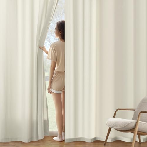 Image of MIULEE Ivory Semi Sheer Privacy Curtains Drapes 2 Panels 52W x 63L