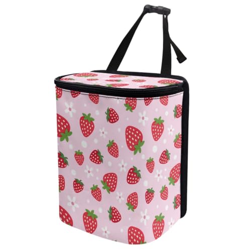 Image of Pink Strawberry Car Trash Can with Lid - Collapsible Waterproof Garage Bag, Reusable Hanging Cute Automotive Garbage Bin, Adjustable Strap, Interior Organizer