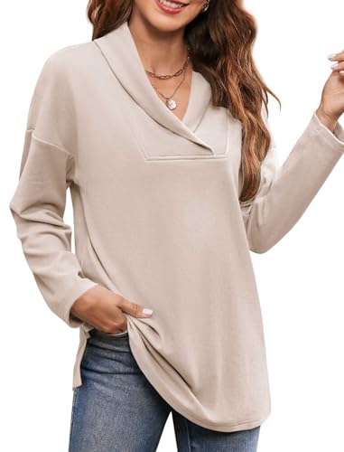 Image of Women's Long Sleeve Tops Fall Shawl Neck Tunic Tops for Leggings Casual Blouse Sweatshirt