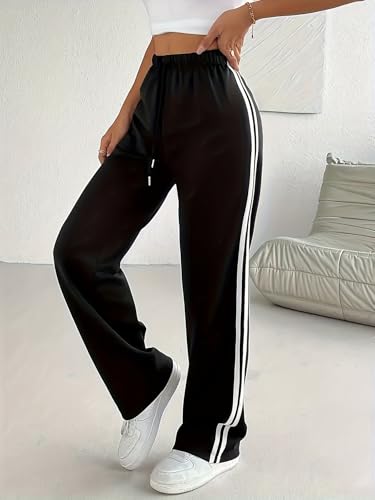 Image of dockstreet Straight Long Length Trouser Style Drawstring Contrast Belt Black and White Trackpant for Women /Trending, Relaxed Casual Lowers for Women