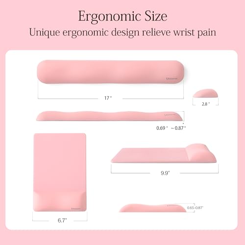 Image of UnivoColors Design-Wave Set of Keyboad Wrist Rest & Mouce Pad,Artificial Sheepskin+Memory Foam+Ergonomic+Anti-Slip Gel, Resilience Support During Work and Gaming,Keyboard Accessory,Pink,N