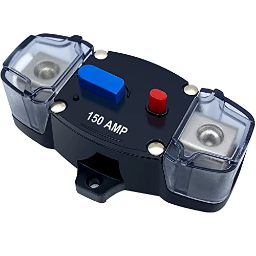 Erayco 150 Amp Circuit Breaker with Manual Reset, 12-48 Volt DC, 0-8 Gauge Trolling Motor Car Stereo Audio Inline Fuse Block Holders Inverter for Automotive Rv Marine Boat (150A)