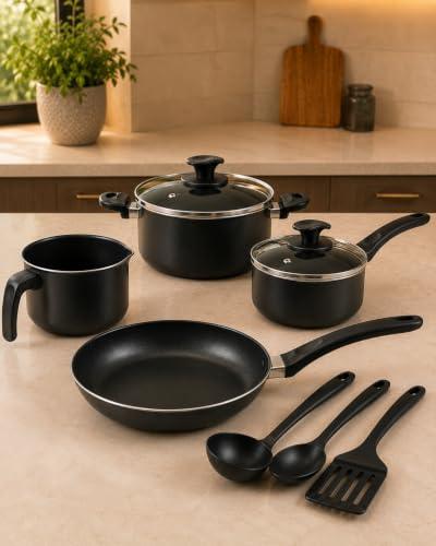 Kit Jogo de Panelas Antiaderente Preto 4 Peças com Tampas de Vidro, Frigideira, Caçarola, Panela, Caneco/Fervedor e 3 Utensílios de Cozinha