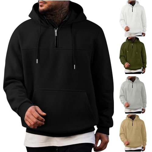 UHouse 1/4 Zip Hoodie Herren Baumwolle Sweatshirt mit Kapuze Freizeit Pullover Oversize Hoody Männer Sport Kapuzenpullover Einfarbig Kapuzenpulli Casual Kleidung Schwarz L