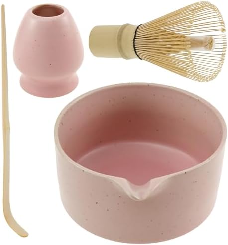4Pcs Matcha Whisk Set with Whisk and Bowl, Spoon, Whisk Holder, Japanese Tea Making Tools, Matcha Starter Kit, Ideal Manual Matcha Making Kit for Tea Lovers (pink)