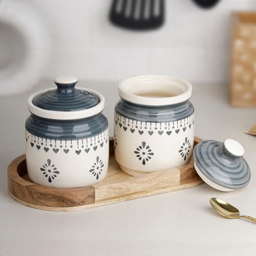 Image of The Earth Store Grey Drape Ceramic Jar with Wooden Tray | 650ml Each | Pickle Jar | Kitchen Storage Container Set for Pickle, Cookies, Sugar, Tea, Coffee - 2 Jars & 1 Tray Combo Set