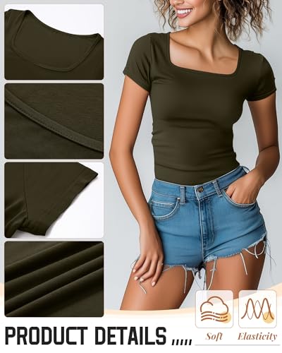 Ficerd 3 Pack Women's Cotton Square Neck Shirts, Short Sleeve Slim Fit Tops Summer Scoop Neck Casual Basic T-Shirts Tee3